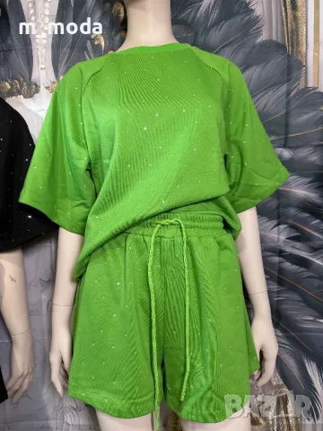 Блестящ памучен сет с камъни в два цвята