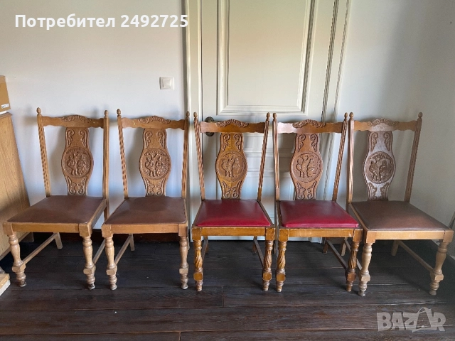Столове дърворезба кожа 5 бр, снимка 2 - Столове - 46946440