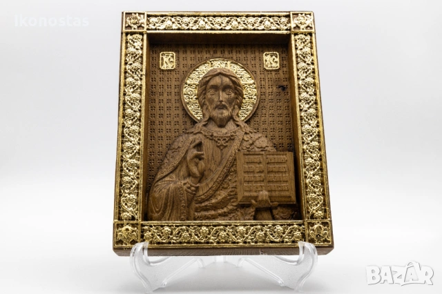 Позлатена релефна икона на Исус Христос от масивен дъб, снимка 4 - Икони - 53223079