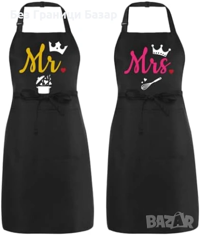 Нови Забавни регулируеми престилки за двойка Mr Mrs, BBQ/кухня, 2 джоба 
