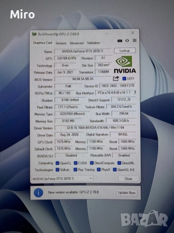 Видеокарта Palit Game Rock RTX 3070Ti 8GB, снимка 3 - Видеокарти - 55966773