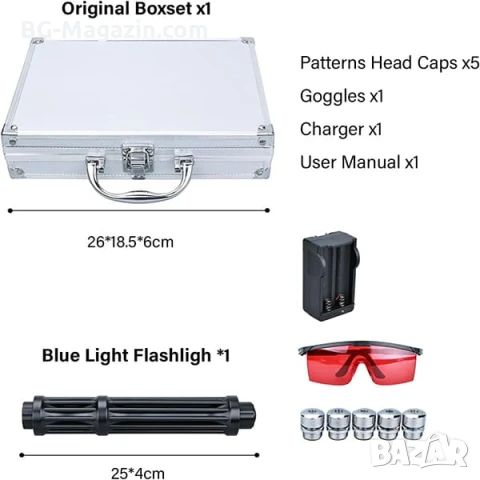 Мощен акумулаторен син лазер 5000mW батерии 18650 предпазни очила горящ палещ клечка кибрит балон, снимка 9 - Друга електроника - 51040547