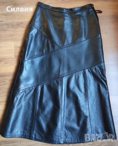 Дълга черна лъскава кожена пола от истинска естествена кожа, размер L, снимка 2 - Поли - 52409465