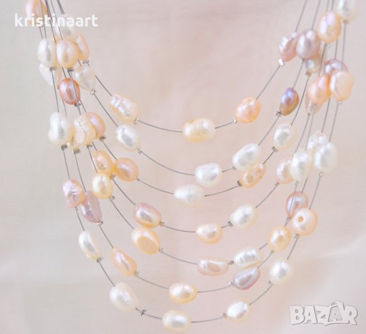 Колие 7реда трицветни перли *Морска пяна*, снимка 3 - Колиета, медальони, синджири - 33829690