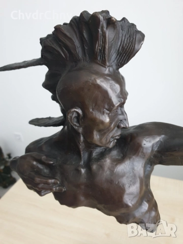 77см-10кг McKenzie статуя-композиция/канадска голяма бронзова скулптура/фигура на индианец с лък, снимка 5 - Статуетки - 52893100