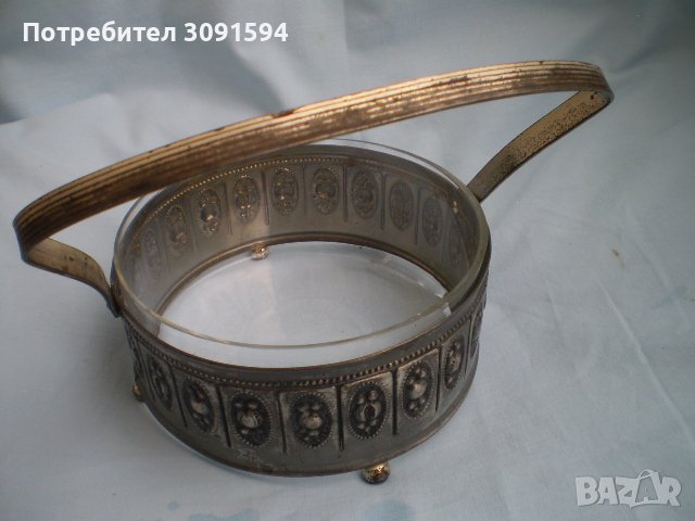 Винтидж бонбониера метал- стъкло дръжка за бонбони бисквити със  стъкло, снимка 10 - Други ценни предмети - 40157292