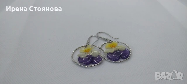 Обеци с естествен цвят на мини градинска теменужка. , снимка 6 - Обеци - 50995429