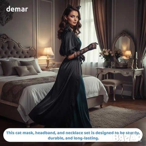 Костюм за котка от 4 части с ръкавици, комплект с котешки уши лента за глава, лента за врата и маска, снимка 4 - Други - 53655341