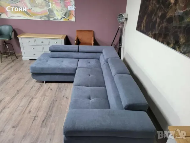 Сив ъглов диван от плат с фунция сън и ракла, снимка 3 - Дивани и мека мебел - 49329274