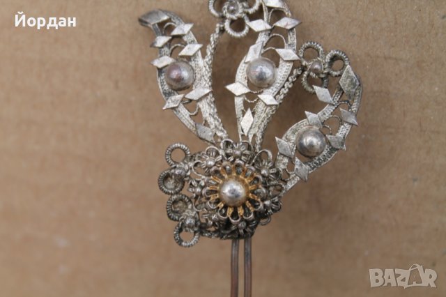 Възрожденска сребърна игла с позлата, снимка 3 - Антикварни и старинни предмети - 44403594