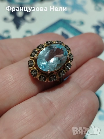Винтидж пръстен с Аквамарин и 12 диаманта, снимка 3 - Пръстени - 53830646