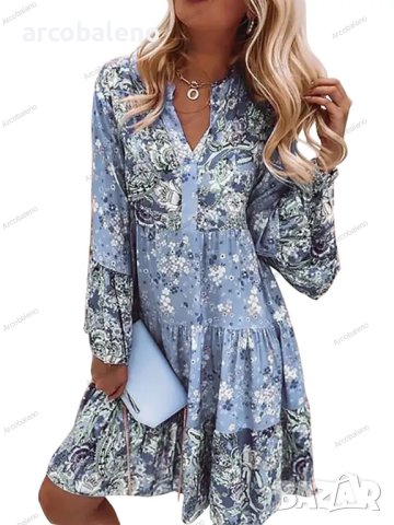 Дамска мини рокля с V-образно деколте и щампована флорална мозайка с дълги ръкави, 3цвята, снимка 5 - Рокли - 41244682