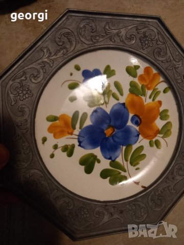 Декоративна керамична чиния с калаен обков , снимка 2 - Декорация за дома - 35827024