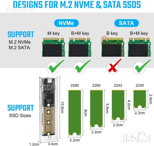 AXFEE M.2 NVMe SSD корпус, външен корпус с USB 3.1 Gen 2 NVMe без инструменти, USB C NVME адаптер..., снимка 2 - Кабели и адаптери - 52343972