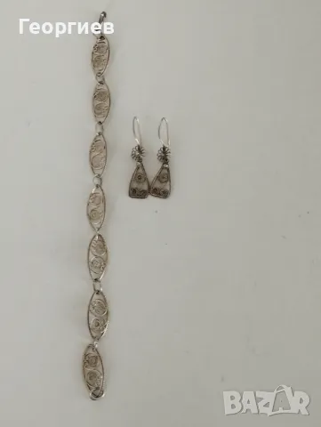Сребърен комплект гривна с обеци с филиграм, снимка 4 - Гривни - 49379204