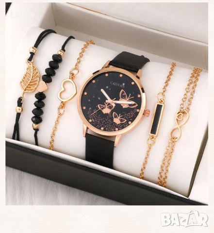 Комплект от дамски моден часовник с „пеперуди“ + 5 гривни, без кутия, снимка 6 - Дамски - 52586444