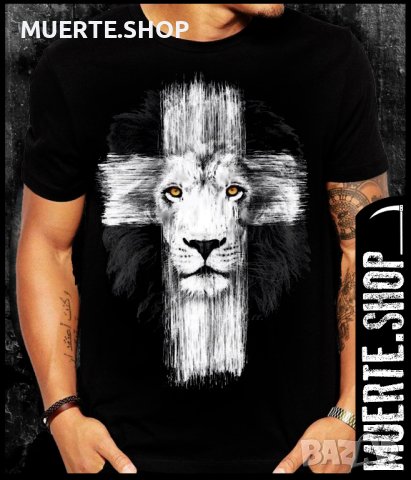Черна тениска с щампа LION WHITE CROSS