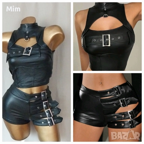 К-т S Черно бюстие и къси панталони от еко кожа 