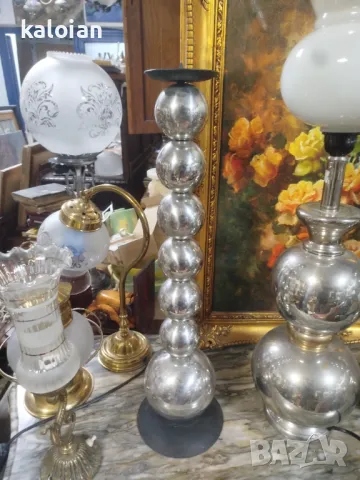 Месингов посребрен комплект лампа със свещници стил Арт Деко. Испанска ръчна изработка. Запазен е ет, снимка 3 - Настолни лампи - 48080875