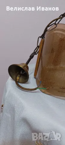 Ретро полилей от масивно дърво и 6 стъклени плочки. За 6 крушки. Перфектно състояние, снимка 4 - Антикварни и старинни предмети - 49934186