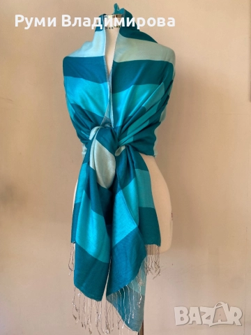 Тюркоазено син шал от коприна, пашмина, памук/ ралични видове, снимка 4 - Шалове - 47418018