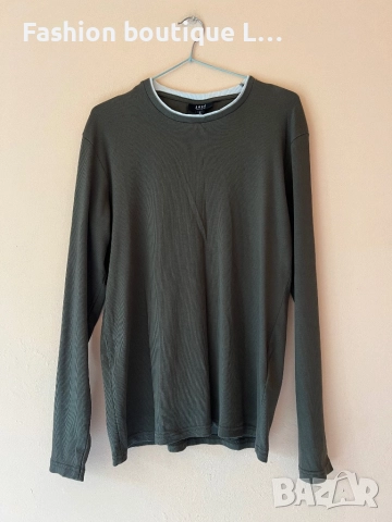 Маслено зелена блуза с дълъг ръкав 98% памук 2% еластант с бял кант около врата S размер овърсайз 
