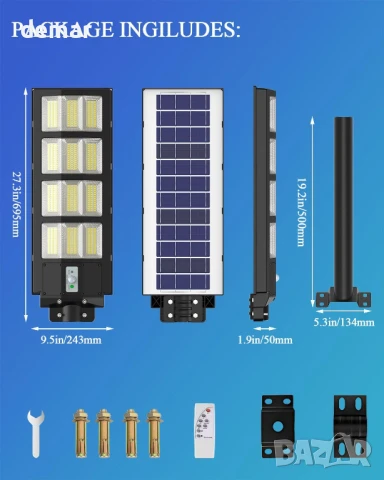 Соларна улична лампа Worshow 600W, сензор за движение - 468 LED 6500K, дистанционно, IP65, снимка 2 - Соларни лампи - 51157392