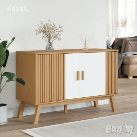 vidaXL Сайдборд OLDEN, бяло и кафяво, 114x43x73,5 см, бор масив, снимка 3 - Бюфети - 56147288