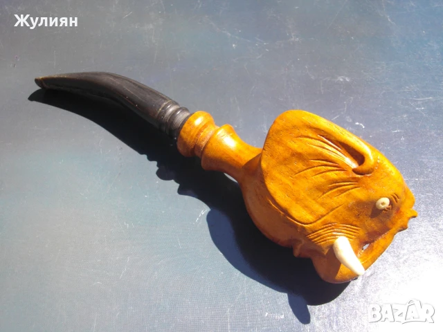 КОЛЕКЦИОНЕРСКА СТАРА ЛУЛА СЛОН ДЪРВОРЕЗБА БИВОЛСКИ РОГ , снимка 2 - Антикварни и старинни предмети - 51315883