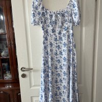 Нова елегантна ежедневна романтична дълга бяла рокля нежни сини полски цветя цепка буфан ръкав к, снимка 8 - Рокли - 42540684