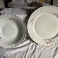 Сет от купа и голяма чиния плато с розово цвете, златен кант на Китка, ретро порцелан, снимка 1 - Прибори за хранене, готвене и сервиране - 39581084
