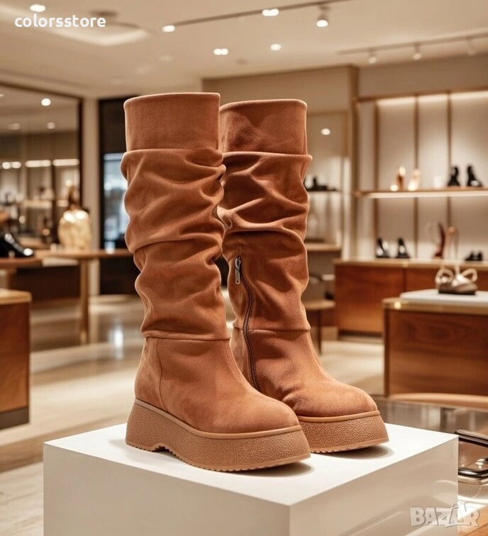 Равни ботуши - светлокафяв велур - MKR18 , снимка 1