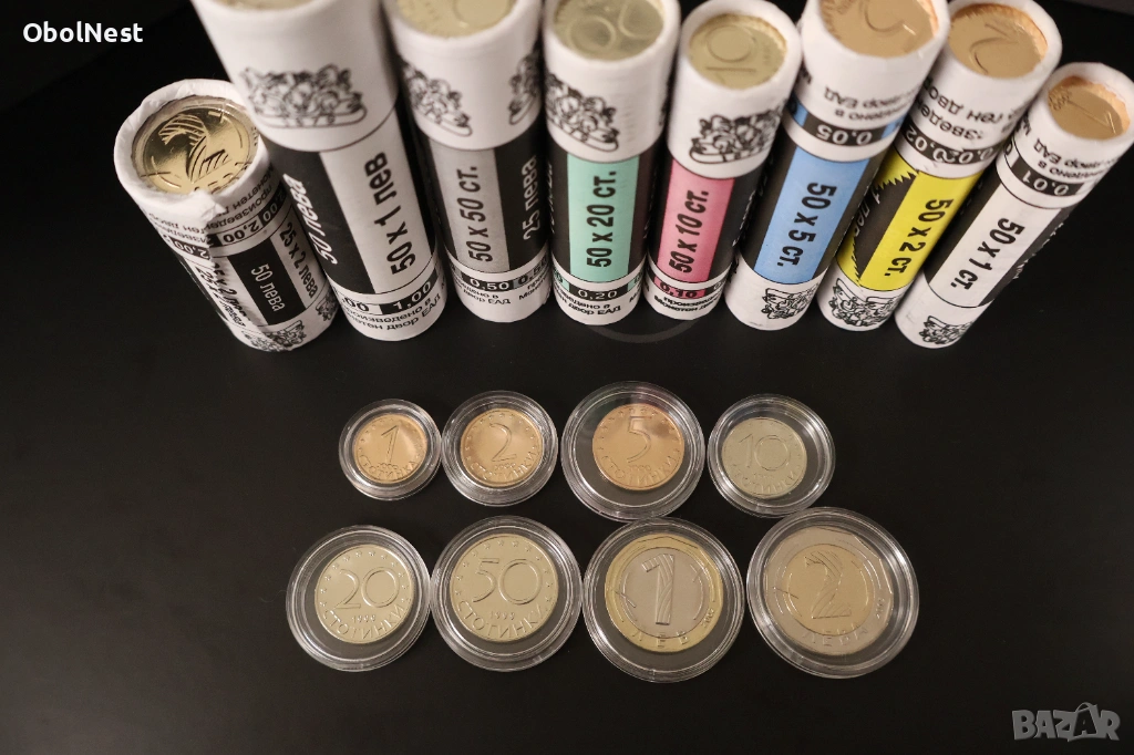 Пълен сет UNC монети от 1 ст. до 2 лв. (1999, 2000, 2002 и 2015) в капсули, снимка 1
