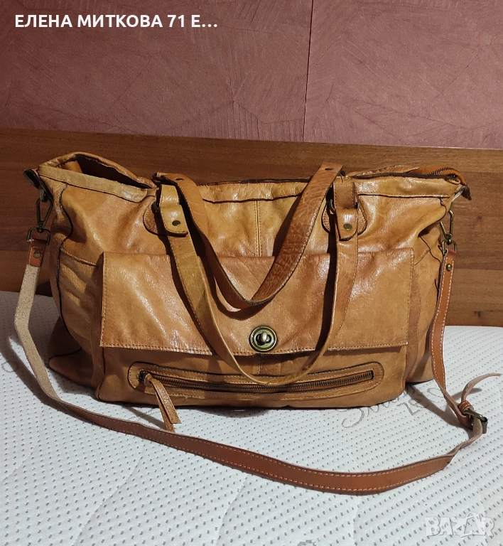 Pieces маркова голяма чанта от естествена кожа цвят коняк, снимка 1