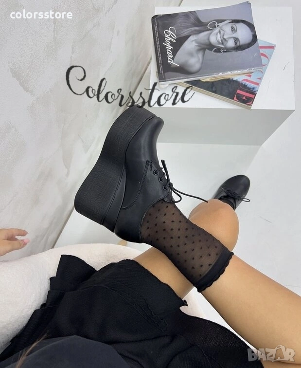 Обувки на платформа - черна кожа - 120K, снимка 1