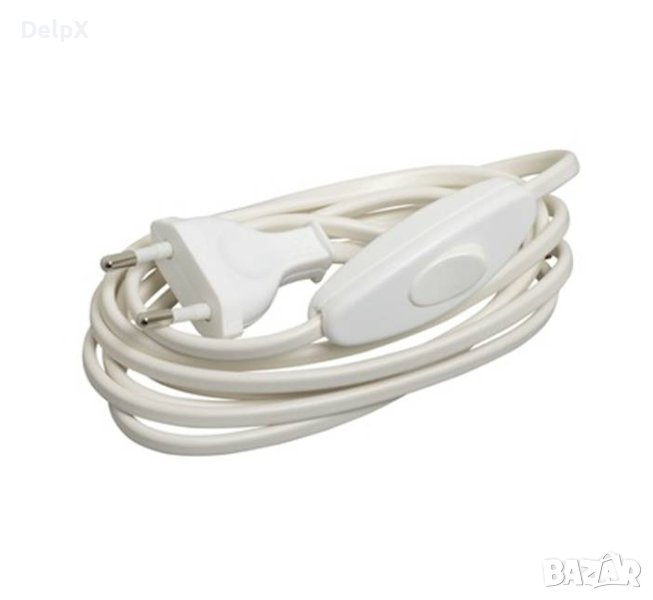 Захранващ кабел бял/черен с мързелив ключ и щепсел плосък/2 жила 1,5m 220V 6A, снимка 1