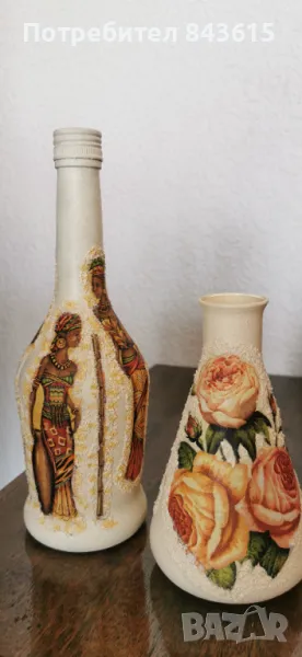 Ръчно изработени бутилка и вазичка. Декупаж. , снимка 1