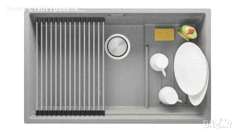 Сива гранитна мивка за монтаж под плот Прага 80 Step Level 560 x 470 мм, снимка 1