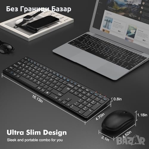 Нов Ергономичен Безжичен Комплект Клавиатура+Мишка, Съвместим с Windows/Mac, снимка 1