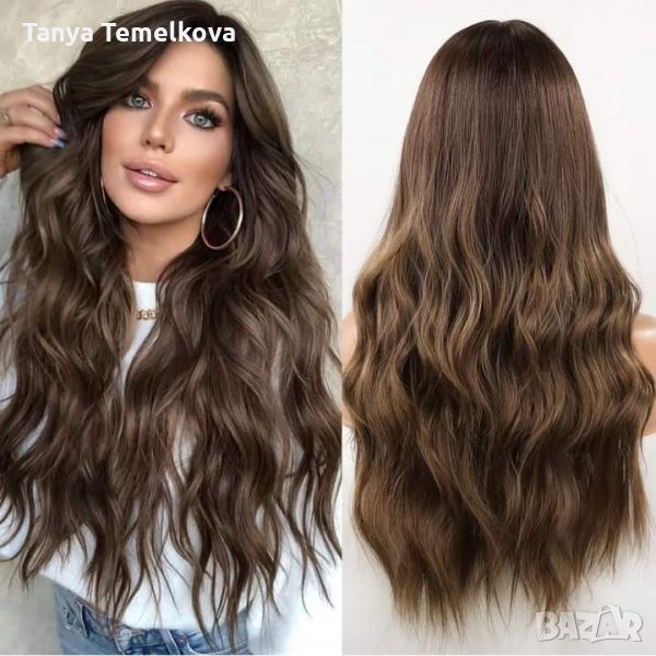 Дълга на вълни тъмно кафява перука без бретон, снимка 1