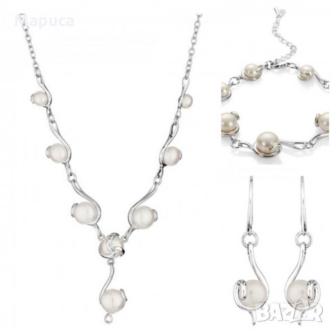 Продавам нов комплект с бели перли на Swan pearls - колие, гривна и обеци, снимка 1 - Бижутерийни комплекти - 34008624
