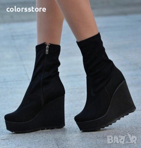 Боти на платформа - черен велур - BNPL70

