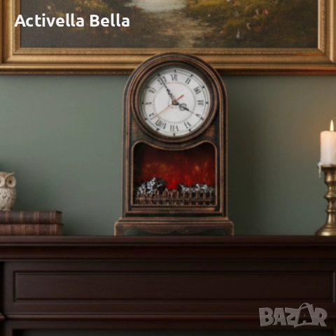 Винтидж настолен часовник с LED камина – уют и стил в едно, снимка 3 - Стенни часовници - 52532954