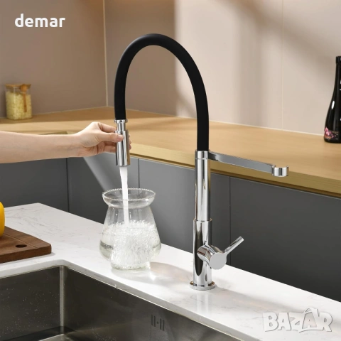 Смесител за кухненска мивка с издърпващ се разпръсквач, еднолостов, хром, снимка 3 - Смесители - 53427477