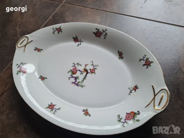 голямо елипсовидно порцеланово плато с цветя и райски птици  Limoges 8/5, снимка 2 - Сервизи - 49939077