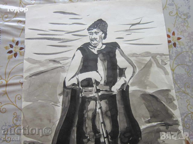 Стар акварел картина хайдутин войвода на картон, снимка 6 - Колекции - 34540635