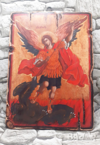 НОВА! Икона Архангел Михаил убива Дявола  30/21 см, декупаж, уникат, снимка 3 - Икони - 38587283