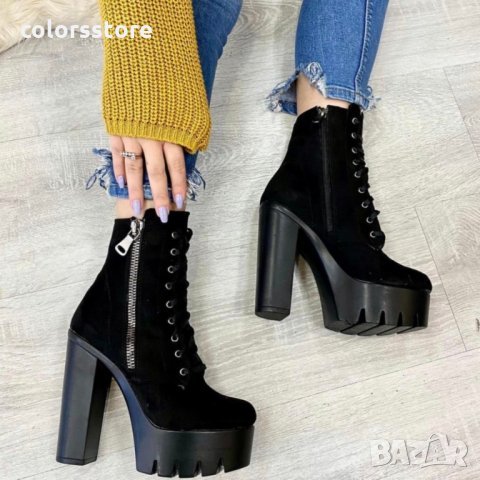 Боти на ток - черен велур с черно ходило - BT13, снимка 3 - Дамски боти - 35697524