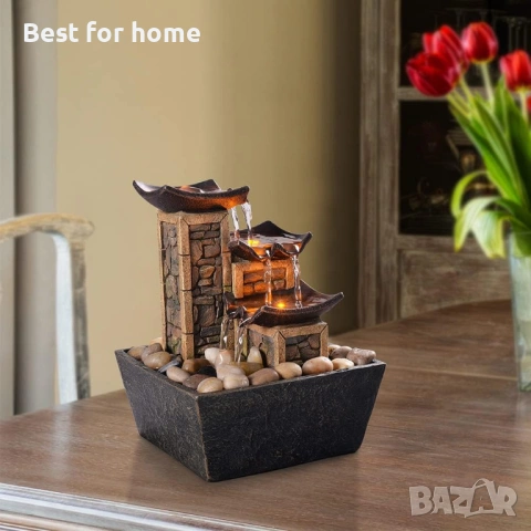 3-степенен фонтан за релаксация на маса, камък, осветен, 6,7 x 6,7 x 8,9 инча, снимка 4 - Други стоки за дома - 53710564