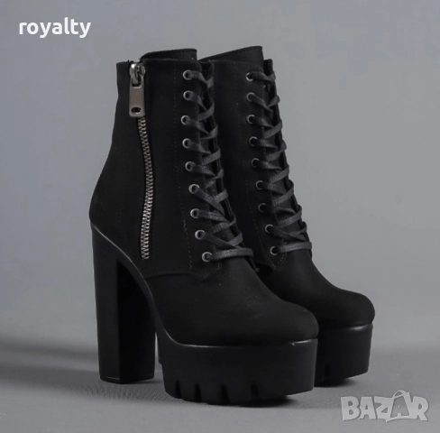 Боти на ток - черен велур с черно ходило, снимка 2 - Дамски боти - 52162405